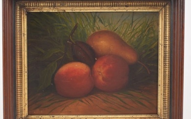 Mid 19th century American school still life painting. Fruit in a landscape. Monogram lower right