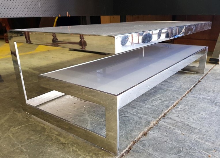 Modern Chrome Based Coffee Table with Step Side and Opaque Glass Tops (H: 41, L: 120, W: 60cm)