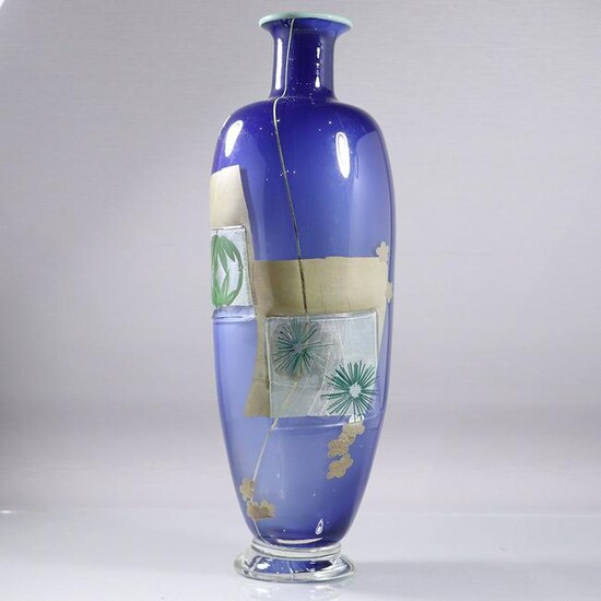 Modernism Cobalt Blue and Fused Art Glass Vase Signed