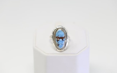 Native America Navajo Sterling Silver Golden Hills Turquoise Ring By T.F.