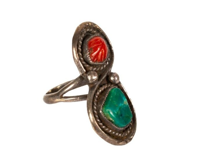 Native American Sterling Turquoise Coral Ring