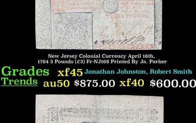 New Jersey Colonial Currency April 16th, 1764 3 Pounds (Â£3) Fr-NJ168 Printed By Ja. Parker Grades