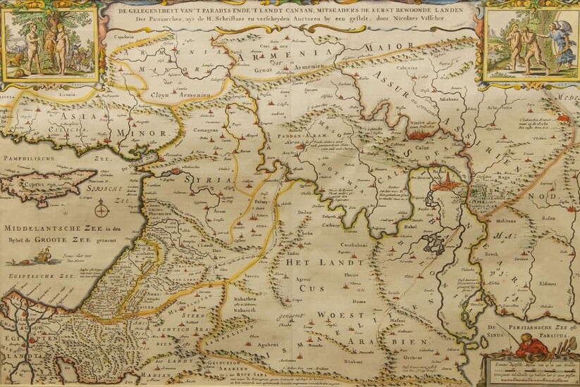 Nicolaes Visscher the Elder, Dutch, 1618-1709, De Gelegentheyt van t'Paradys ende t'Landt Canaan, 1657, hand-coloured engraved map, 31.5 x 47cm