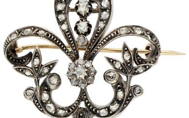 No Reserve - Gold/silver brooch fleur-de-lis with rose cut diamonds.