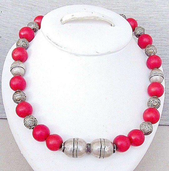 North Africa Antique Berber Tribal Red Coral and Filigree Silver Bead Necklace, 161gr.