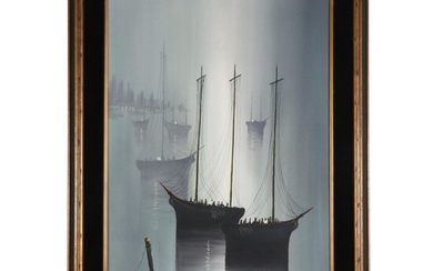 Ozz França Oil Painting of Unrigged Ships with Distant Cityscape