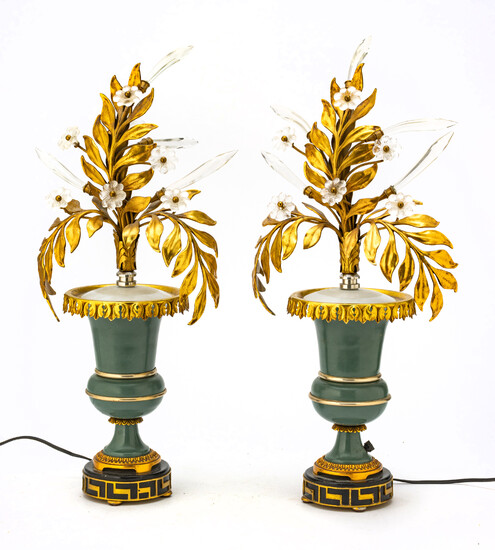 PAIR OF PATINATED METAL ELECTRIFIED LAMPS, H 24" D 10"