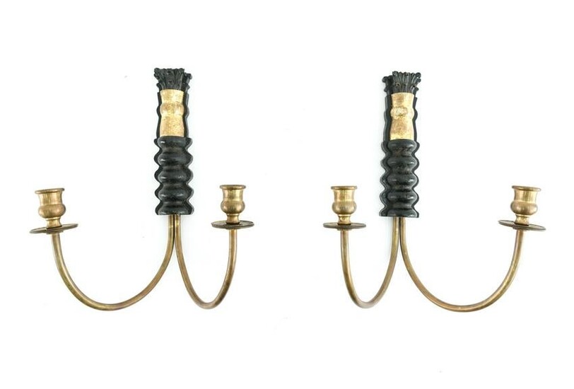 PAIR OF WOOD & BRASS CANDLE SCONCES