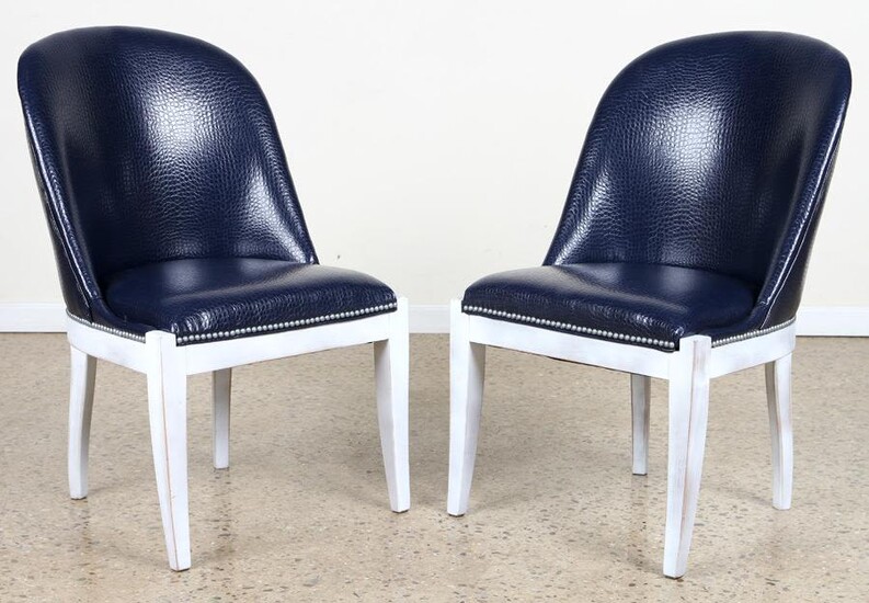 PAIR SLIPPER CHAIRS BLUE DYED FAUX ALLIGATOR SKIN