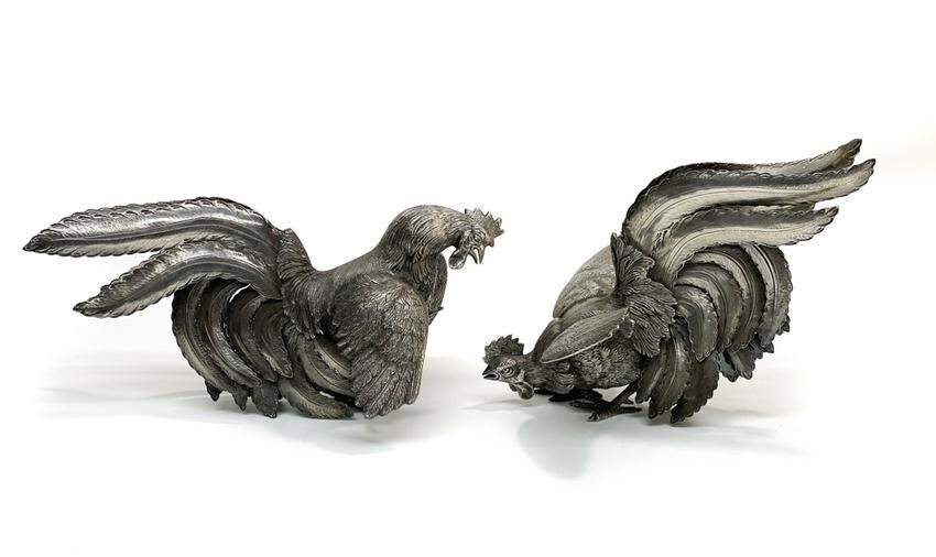 Pair 900 Italian Sterling Silver Rooster Figurines.