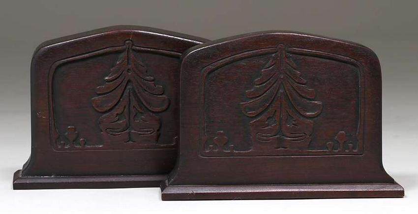 Pair Arts & Crafts Carved Walnut Pine Tree Bookends