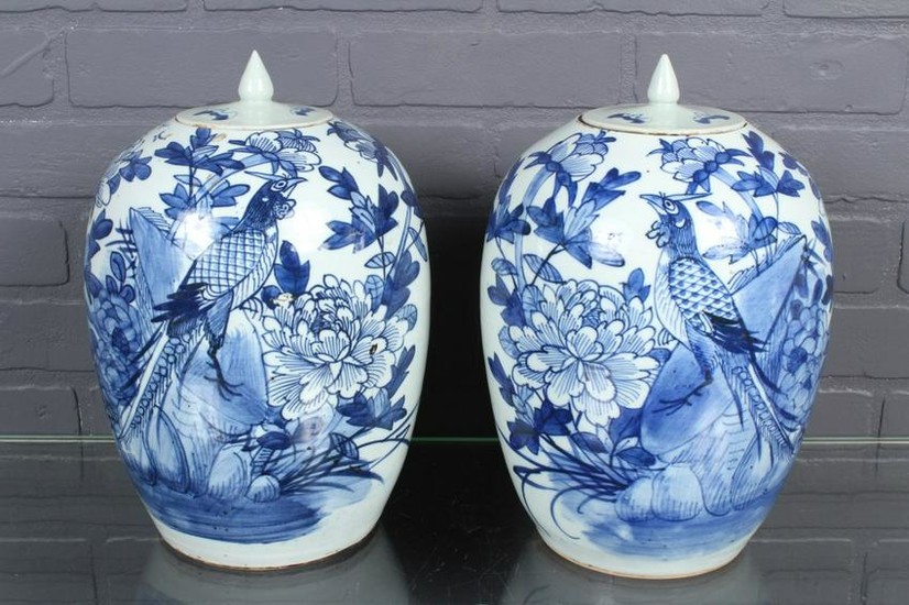Pair Asian Blue and White Lidded Jars