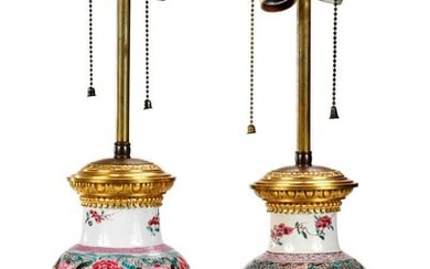 Pair Famille Rose Porcelain Vases as Lamps