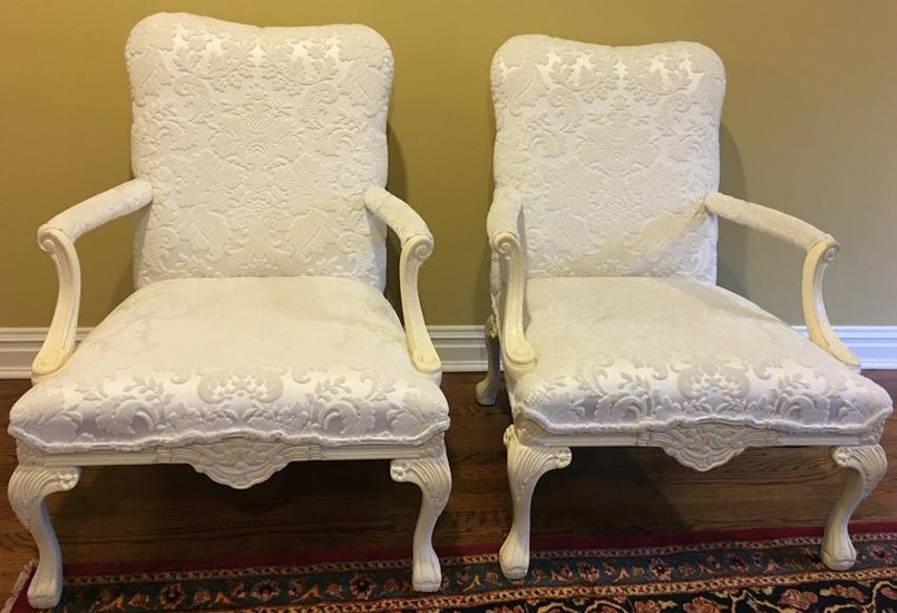 Pair French Style Custom Upholstered Arm Chairs