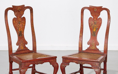 Pair George II scarlet japanned side chairs