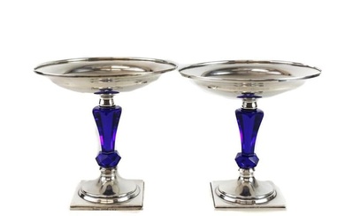 Pair Hawkes Sterling Silver Cobalt Blue Art Glass Stemmed Compotes c1950 #S713