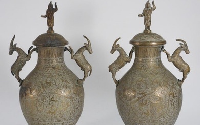 Pair Indian Brass Bird Handled Vases