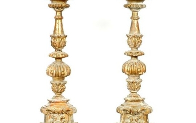 Pair Italian Rococo Carved Wood Pricket Sticks
