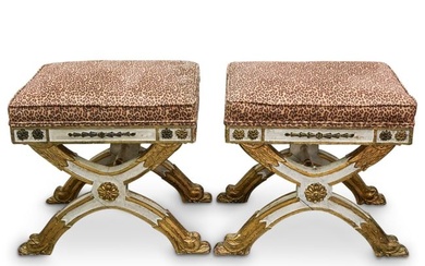 Pair Of Antique Leopard Print Carved Wood Stools