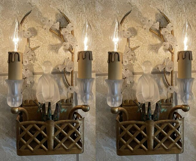 Pair Vintage Gilded Metal & Glass Wall Sconces with
