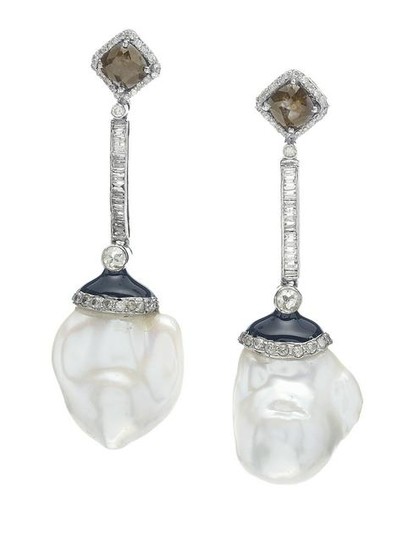 Pair of Baroque Pearl and Diamond Earrings
