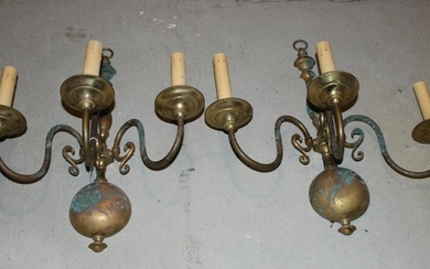 Pair of Solid Brass Three Arm Wall Sconces
