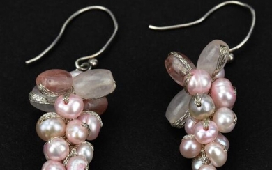 Pair of Sterling Pearl & Rose Quartz Earrings
