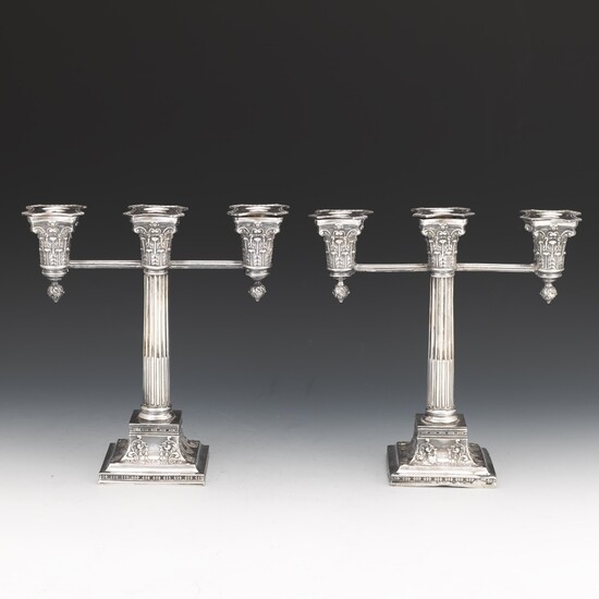 Pair of Wilcox/International Co. Silver Plated Corinthian Three-Light Candelabra