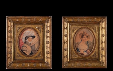 Pair of portrait miniatures of two ladies with hats, probably French school, first half of...