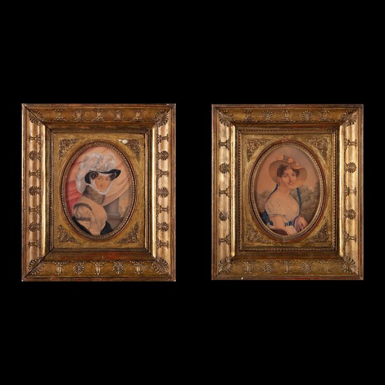 Pair of portrait miniatures of two ladies with hats, probably French school, first half of...
