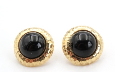 Pair or Polished Black Onyx Circular Form Earrings Set in 14...