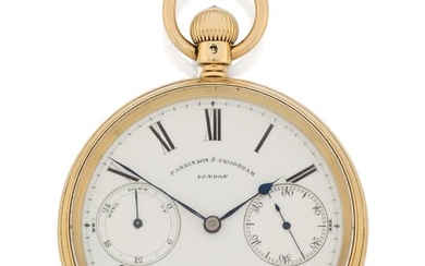 Parkinson & Frodsham. An 18 ct. gold free sprung open face pocket watch with up and down dial, Case and Movement No. 5710, London hallmark for 1873 enamel dial with black Roman numerals and outer five minute chapter, subsidiary dials for power...