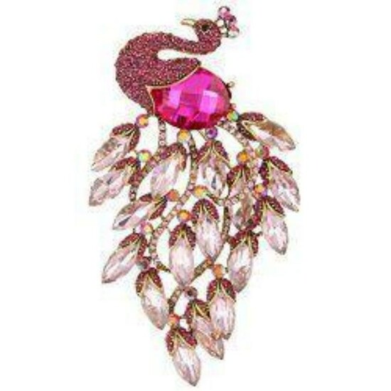 Pink Crystal Peacock Costume Brooch Pin