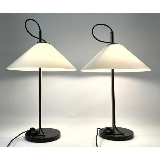 Pr ARTEMIDE Italian White Shade Table Lamps. Adjustable height on Modernist Cone form shade. Label.
