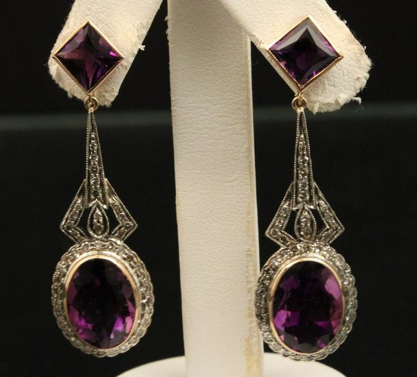 Pr of 18k Diamond and amethyst earrings