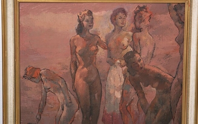 Probablement Funke, Helene (1869 - 1957), "6 Mädchen", huile/plaque d'impression, nus de femmes en conversation...