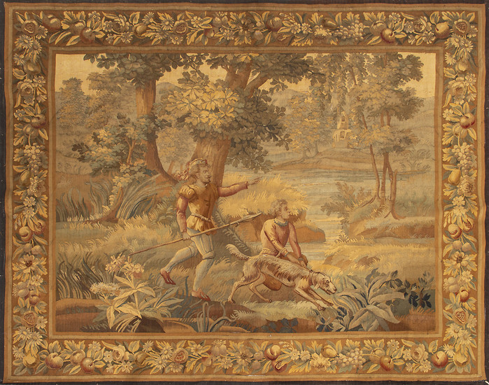 "Renaissance hunting scene", French tapestry in wool, second half of the 19th Century.
