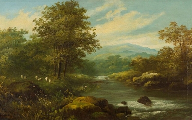 Roberto Angelo Kittermaster Marshall, British 1849-1926- A wooded river landscape with sheep; oil on canvas, signed 'R. Marshall' (lower left), 35.5 x 61 cm. Provenance: Private Collection, UK. Note: The present work is characteristic of...