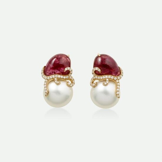 Rubellite, South Sea cultured pearl, diamond earrings
