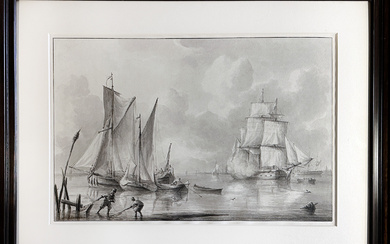 SCHOUMAN, Martinus (1770-1848). (Seascape). N.d. Drawing in pen and grey...