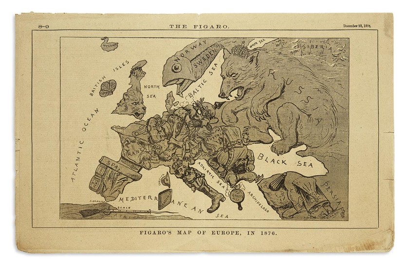 (SERIO-COMIC MAP.) Figaro's Map of Europe, in 1876. Double-page lithographed satirical map of...