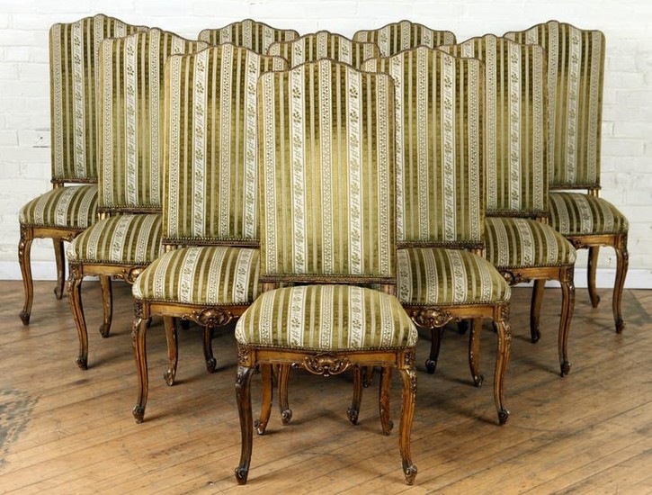 SET 10 FRENCH CARVED GILT WOOD DINING CHAIRS