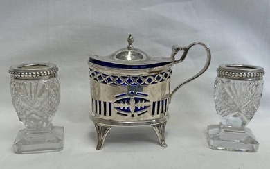 SILVER OVAL MUSTARD POT WITH BLUE GLASS LINER, LONDON 1902 &...