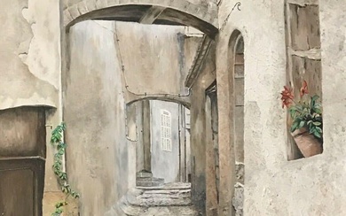 STEPS IN PROVENCAL OLD TOWN VILLAGE STREET - SIGNED ENGLISH OIL PAINTING Mid 20th Century