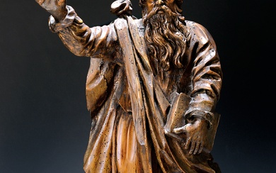 Saint sculpture, Peter or Paul, 19th century, carved wood, unpainted,...
