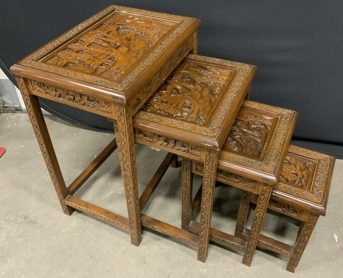 Set 4 Carved Glass Topped Nesting Tables