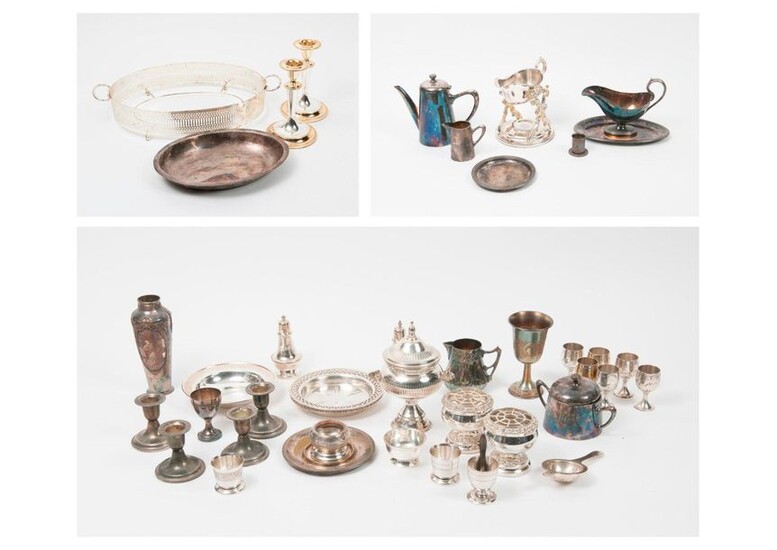 Set of white or silver plated metal shapes or platerie, including sauce boats, potpourri dishes, free-standing liquor glasses, salt shakers, pourers, creamers, free-standing bowls, vases, sugar bowls, egg cups, torches, tea strainer, bunks, coasters...
