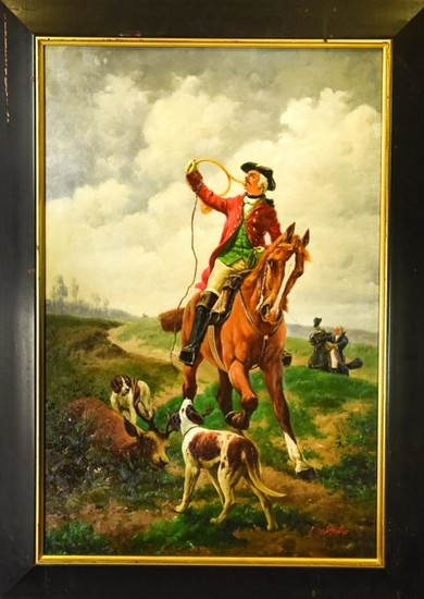 Signed Hunter on Horseback Oil Painting