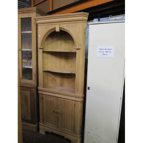 Solid Pine Corner Cabinet with Shelves Over Double Cupboard.