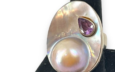 Sterling Silver and Blister Pearl Ring with Amethyst Stone